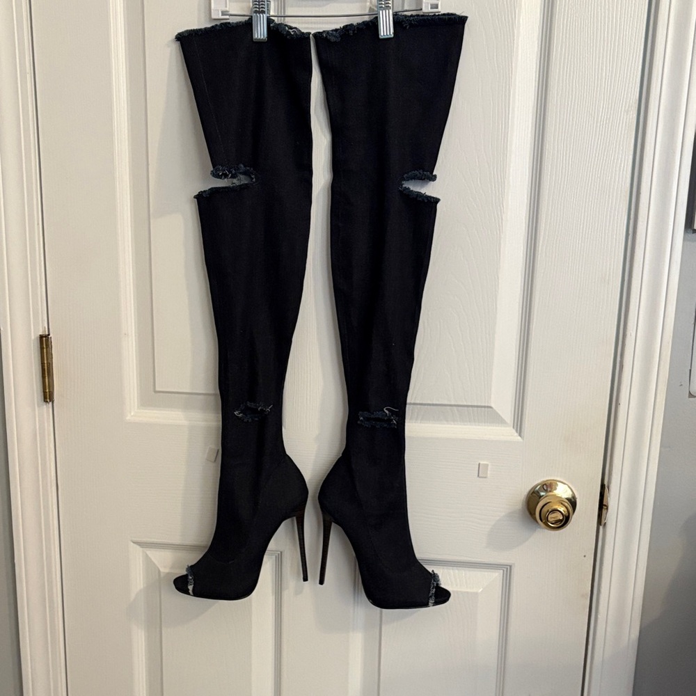 Over-the-Knee Navy Blue Jean Stiletto Boot - Sleek High Heel Thigh Boot